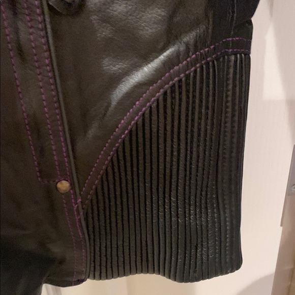Women's Leather Motorcycle Jacket Black and Purple Embroidered removable hoodie - Picture 13 of 16